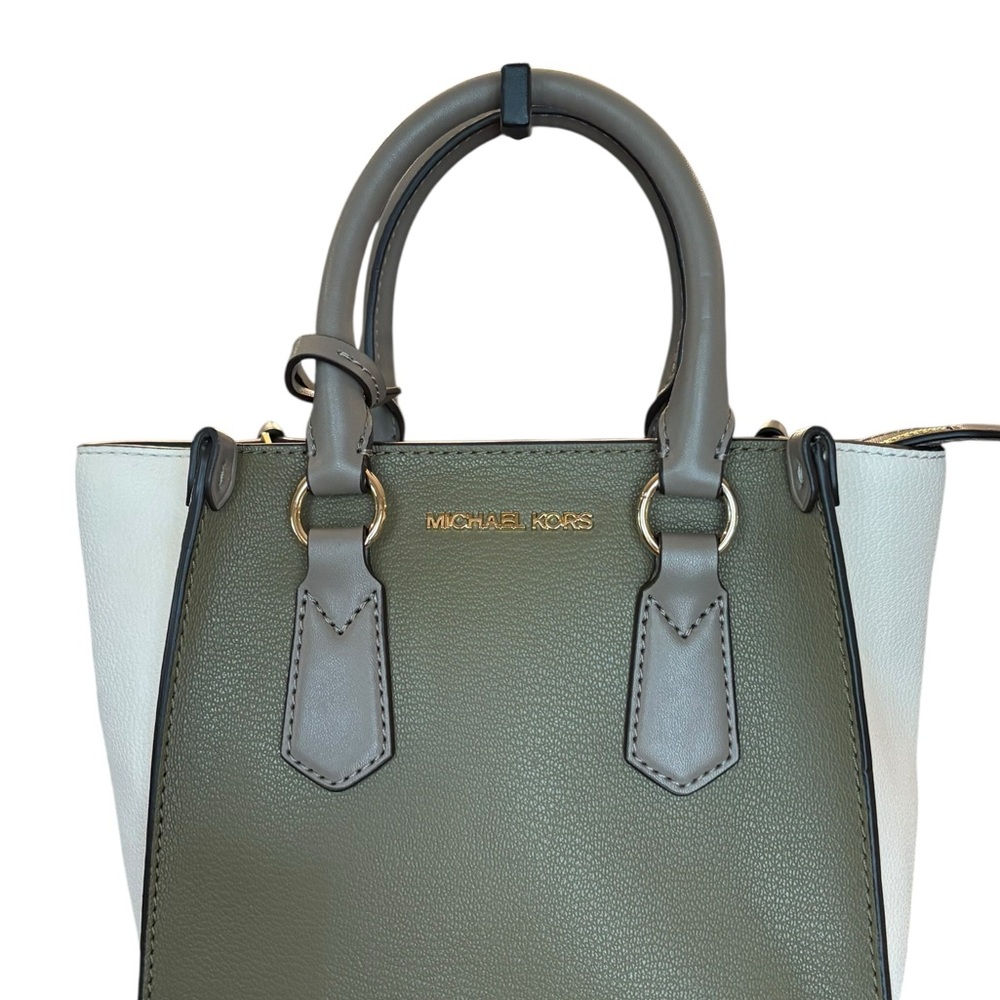 NWT Michael Kors Kris Small Leather Satchel Crossbody Safari Green Ivory $298